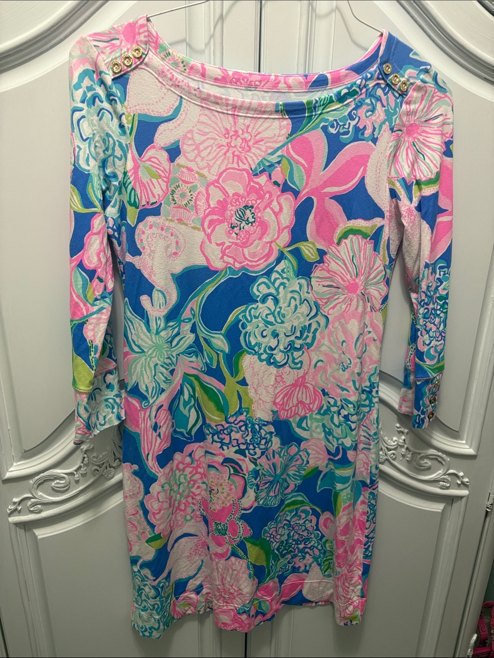 Lilly Pulitzer Blue, Pink & Green Floral Long Sleeve Shift Dress- xs